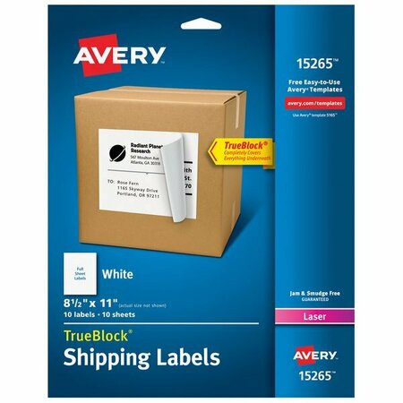 AVERY 15265 TrueBlock 8 1/2'' x 11'' White Full Sheet Shipping Labels, 10PK 15415265